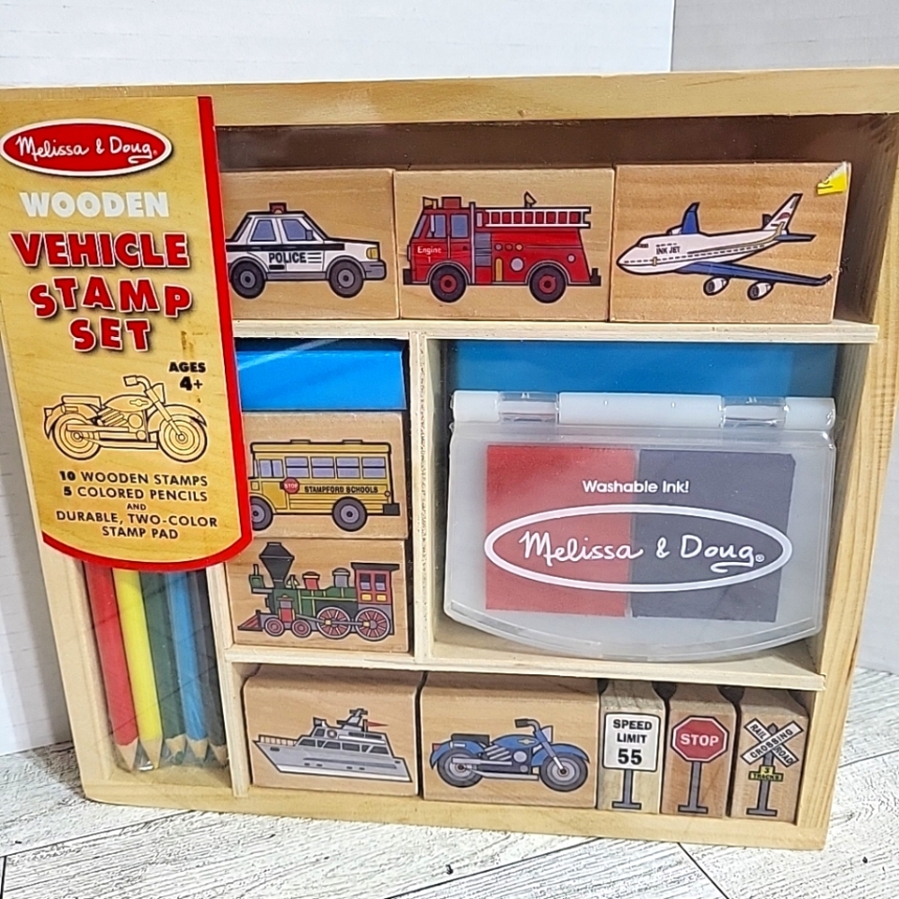 Melissa & Doug Wooden Stamp Set Vehicles #2409 NEW Sealed Washable Ink Play Toy